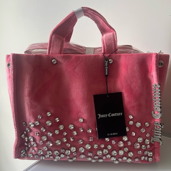 Juicy Couture Handbags - Juicy couture uk Pink rhinestone velour Tote bag with pouch